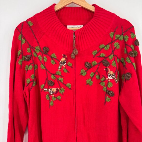 Coldwater Creek size 1X Red Embroidered Bird Cardigan Sweater zip Cotton - Picture 7 of 9